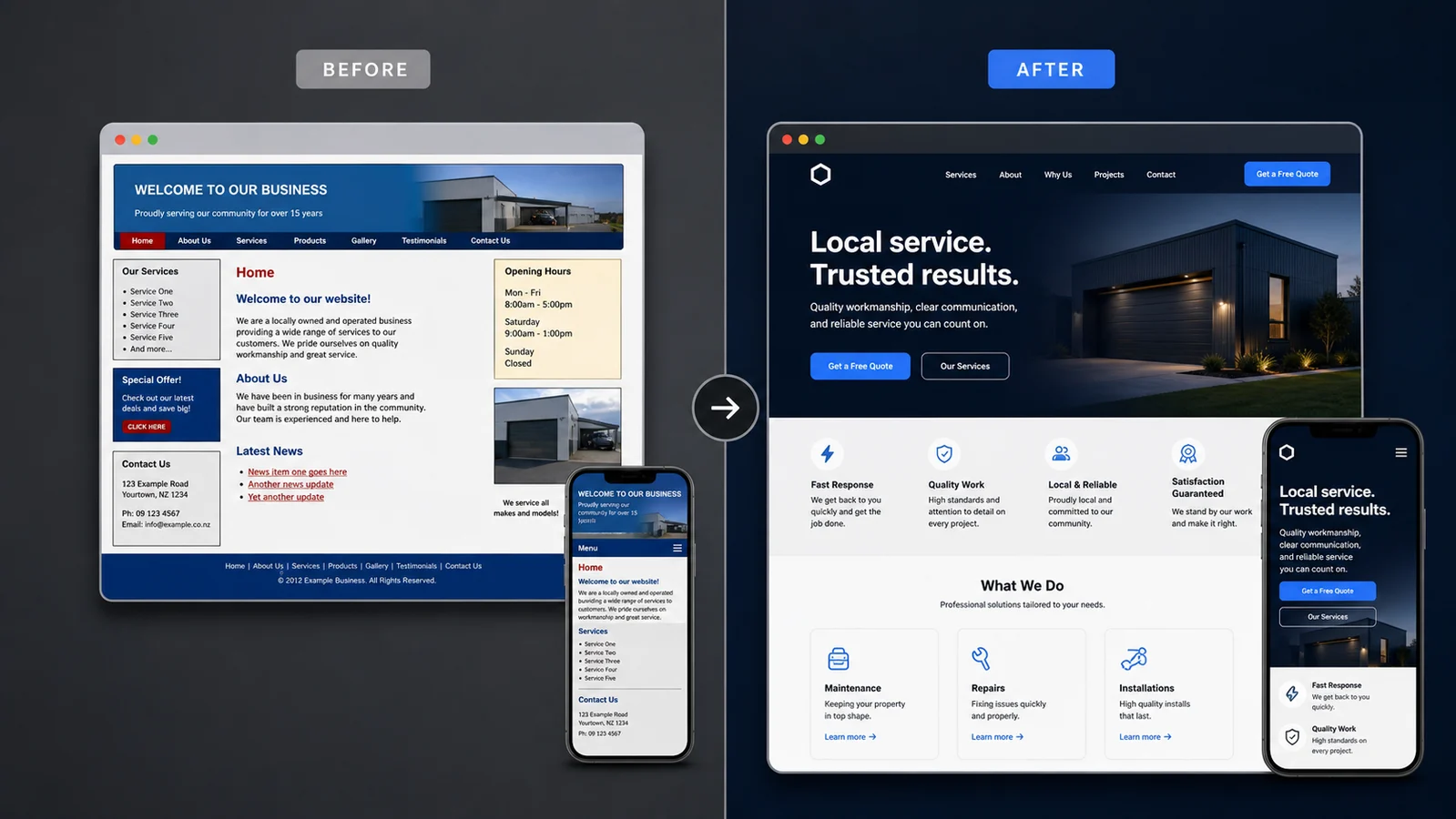Sample before and after website redesign concept for a local business