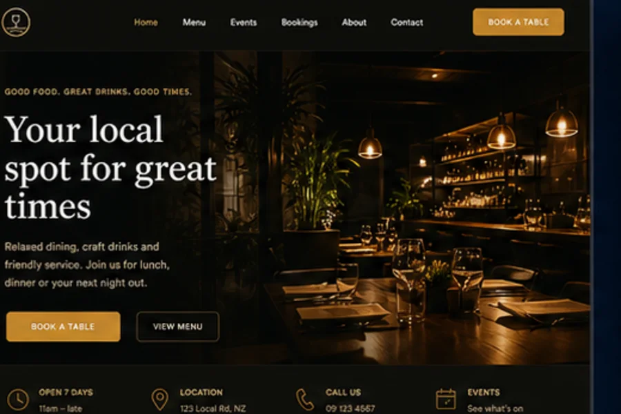 Hospitality website concept with menu, booking and opening hours sections
