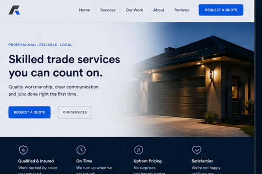 Tradie website concept with service cards and quote request call-to-action